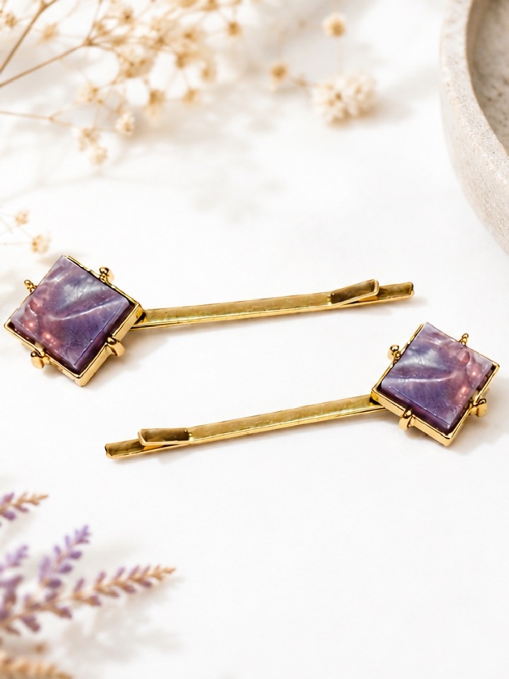 NEW - Anthropologie Purple Gemstone Gold Bobby Pin Hair Clip Set Boho Chic